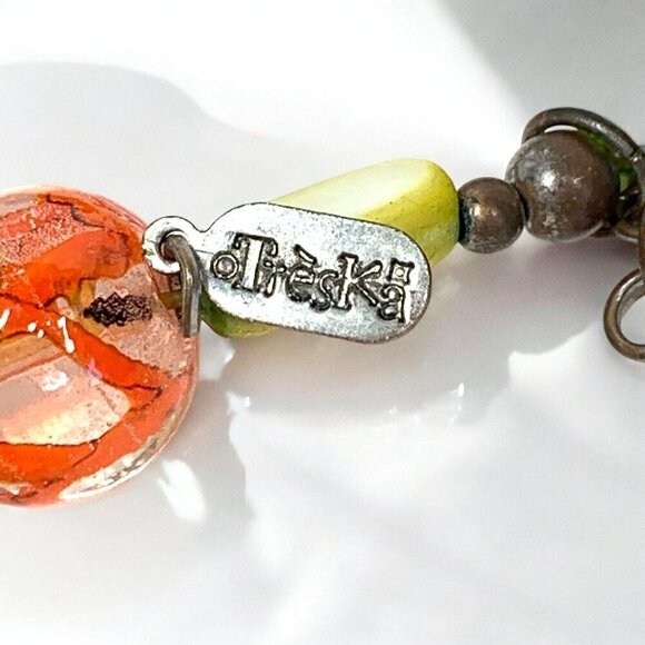 Treska Jewelry Botanical Beaded Charm Bracelet Orange Green Silver Art Glass - Picture 2 of 5